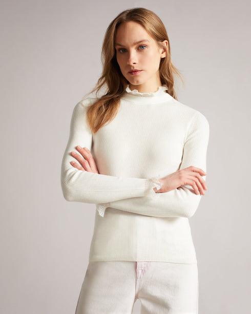 DVANA-Knitwear-For a frilling addition to your smart-casual wardrobe, add DVANA to your style repertoire. Not any ordinary knit, this ribbed jumper is given a little extra in the form of a frill detailing on the neckline and sleeves. Fitted jumper Cashmere blend High neck Long sleeves Frilled trims Ribbed knit- Ted Baker Romania